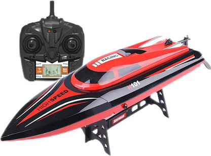   High Speed RC Boat 55km FT011 held by a person near water with a sleek carbon fiber design.
