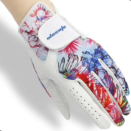 Colorful floral design golf glove for women, featuring a stylish pattern and made of quality leather, Golf Glove Women Ladies Pair.