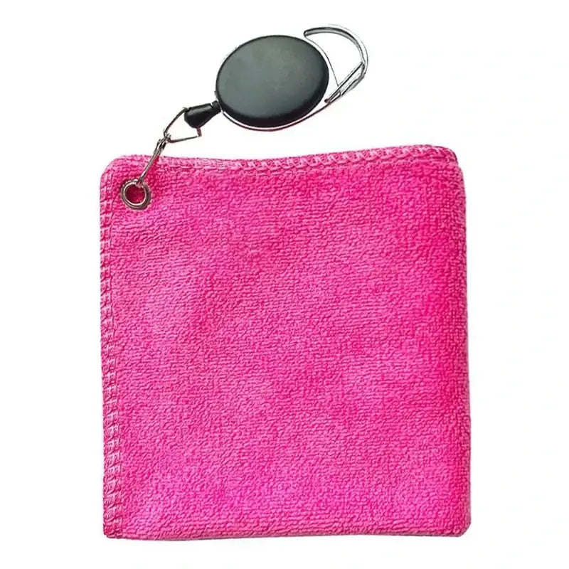 1Pc Golf Towel Microfibre Cleaning Cloth in vibrant pink with retractable clip for easy access.