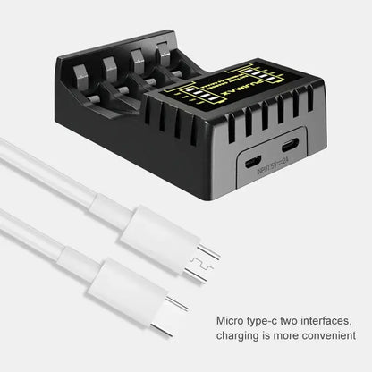 Battery Charger 4 Slots Intelligent LED with micro USB type-C interfaces for convenient charging