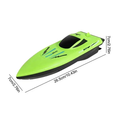 2.4G Remote Control Speed Boat in bright green color with dimensions labeled for kids' play.