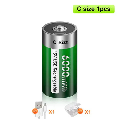 1.5V C Size Rechargeable Battery in green design showcasing USB charging capability.