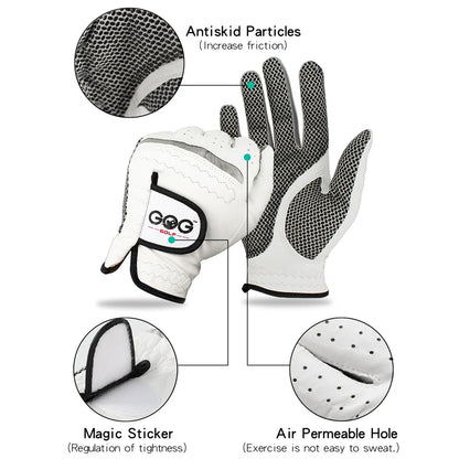 Breathable sheepskin golf gloves showcasing antiskid particles, magic sticker, and air permeable hole for optimal comfort.