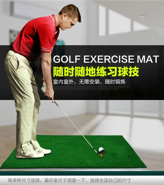 PGM DJD003 Golf Swing Mat with golfer practicing swing on non-slip artificial turf for improved technique.