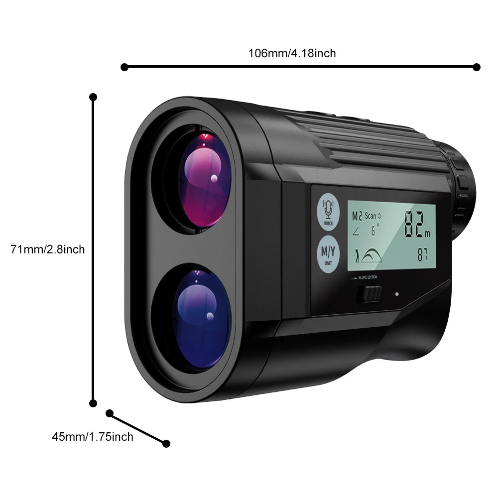 Golf laser rangefinder with slope compensation showing dimensions and design details.