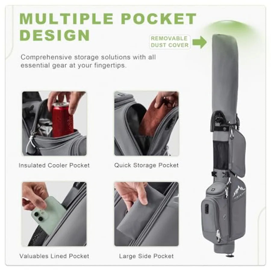 Sunday Golf Bag with Stand features multiple pocket design for easy access to insulated cooler, valuables, and quick storage.