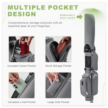 Sunday Golf Bag with Stand features multiple pocket design for easy access to insulated cooler, valuables, and quick storage.