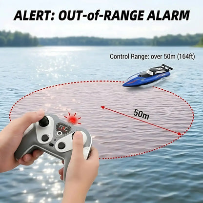 high speed RC speed boat with out-of-range alarm, control range of over 50m on water surface.