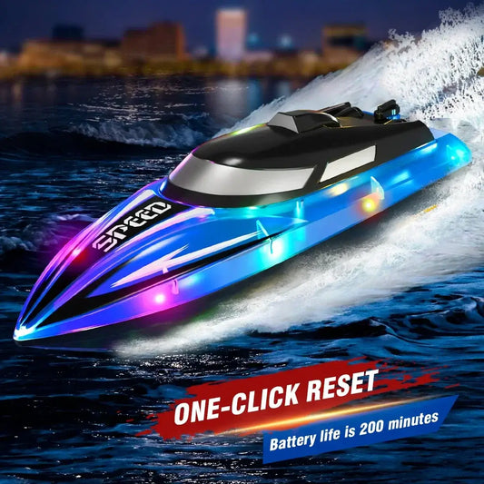 RC Speedboat Children's Toys - colorful remote control boat in action with LED lights and water splashes