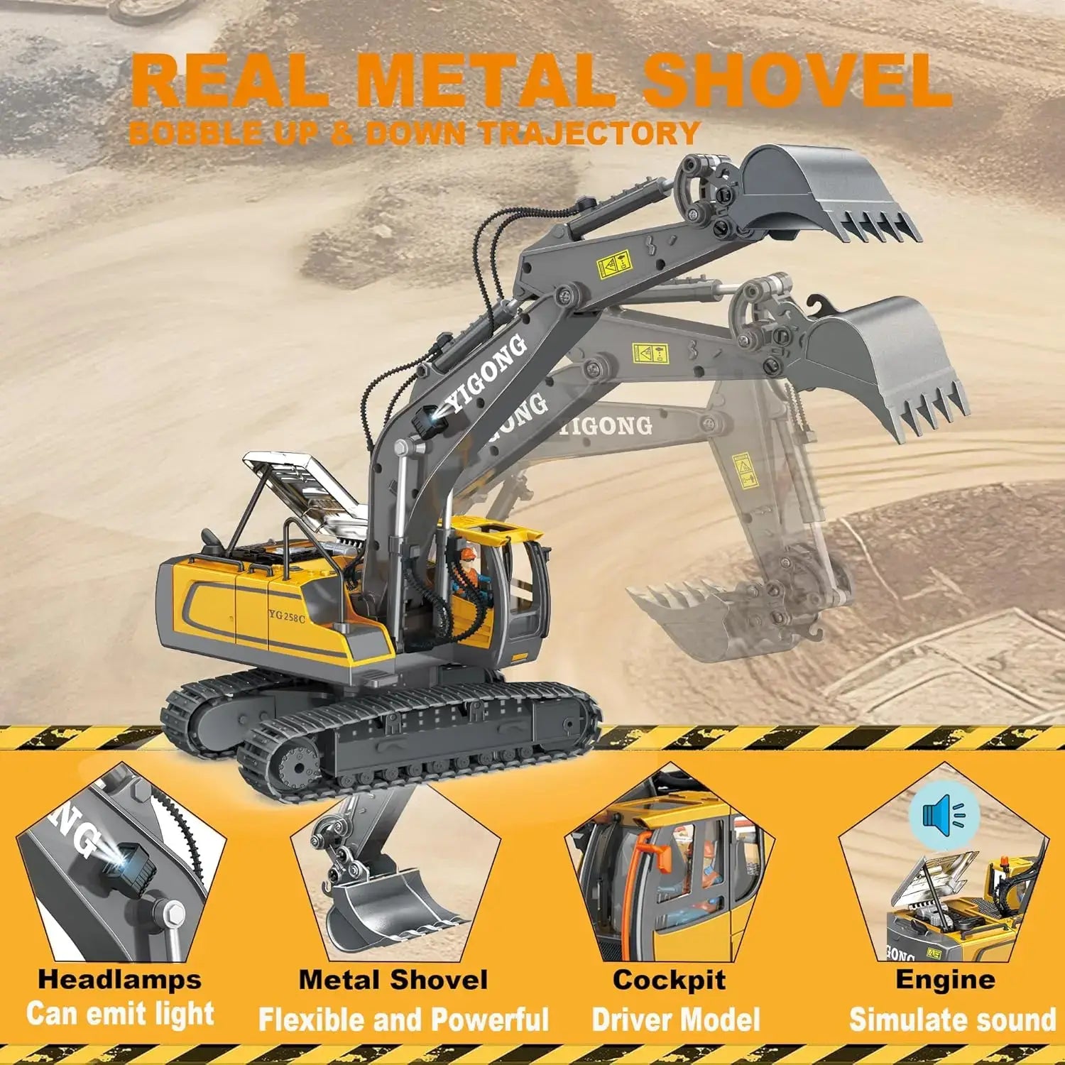 4WD Remote Control Excavator Construction with real metal shovel and articulated arms for realistic operation.