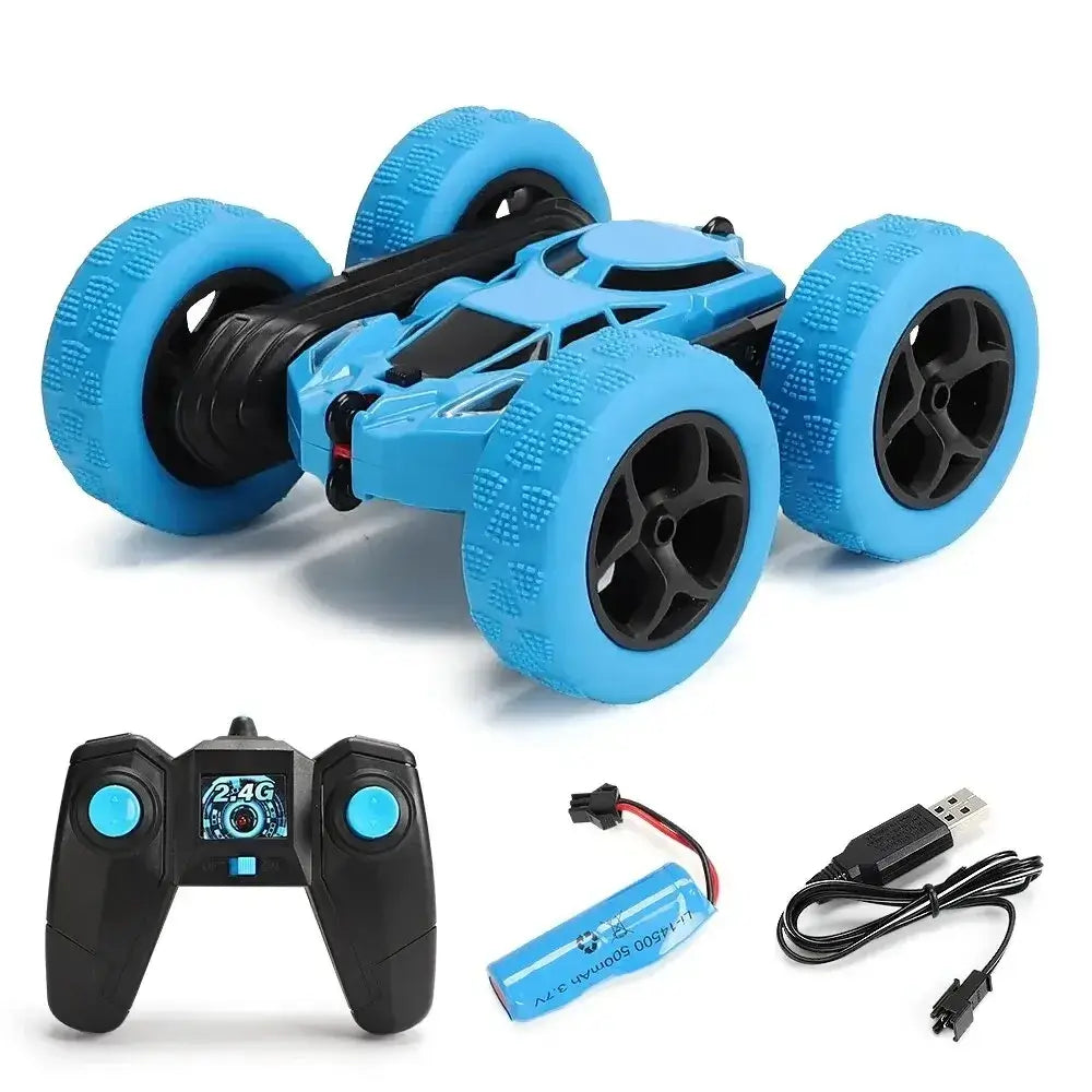 RC Stunt Car Children Double Sided with remote control and battery, showcasing its blue color and unique design.