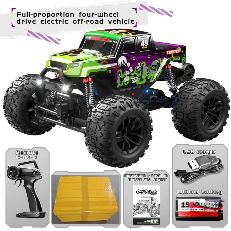 JJRC C8830 Full Proportion four-wheel drive electric off-road vehicle with remote control and accessories.