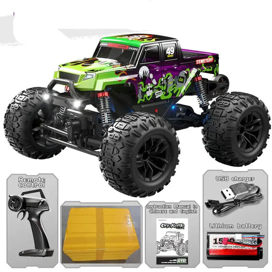 JJRC C8830 Full Proportion four-wheel drive electric off-road vehicle with remote control and accessories.