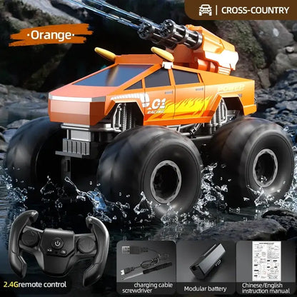RC Car Amphibious Climbing Off-Road Drift Vehicle with remote control in orange color, featured in water and rugged terrain.