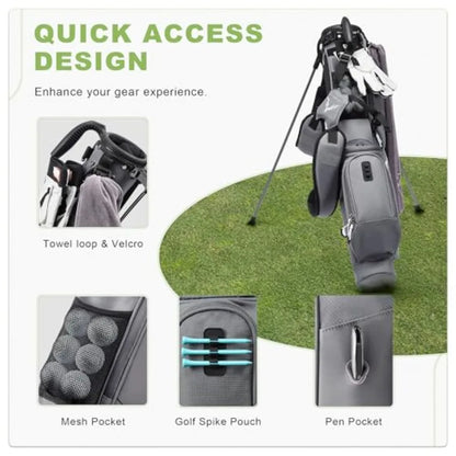 Sunday Golf Bag with Stand features quick access design, towel loop, mesh pocket, golf spike pouch, and pen pocket.