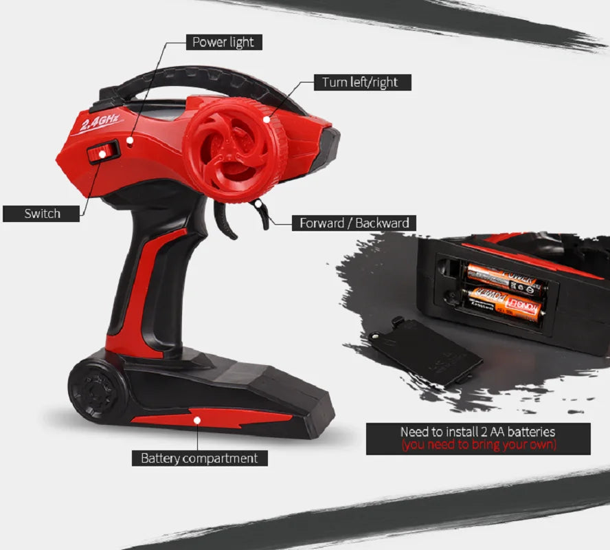 Remote control car transmitter with LED lights, battery compartment, and directional controls for remote control cars with LED lights.