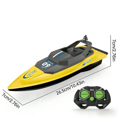 waterproof high-speed RC boat for kids with remote control, featuring sleek design and vibrant yellow color.