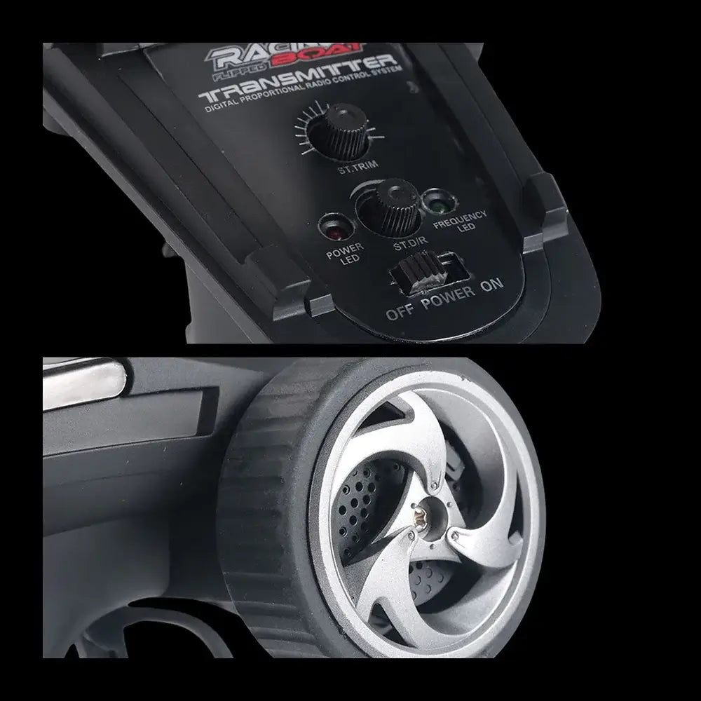 Transmitter controls and wheel of Large RC Speed Boat FT011 FT012 FT016 WL916 for remote operation.
