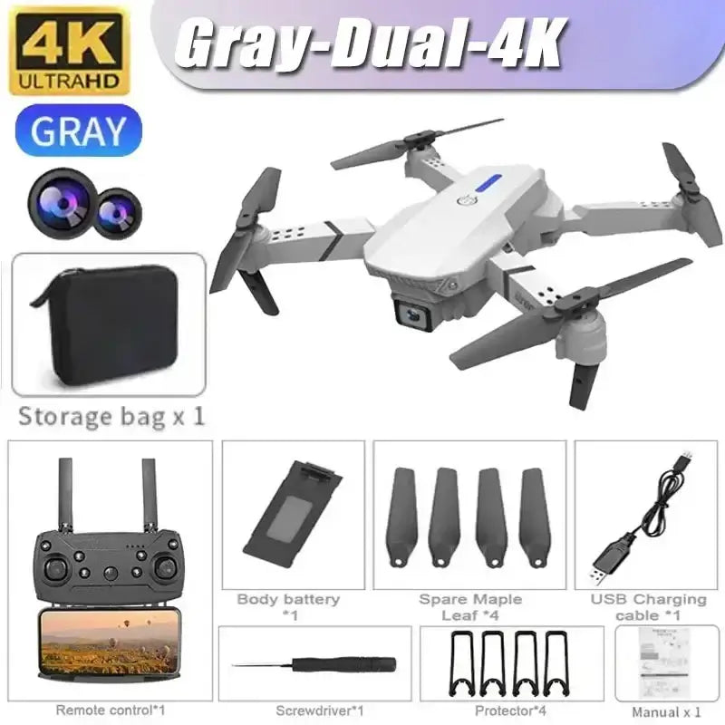 New E88 RC Drone featuring 4K UHD camera, remote control, and storage bag for aerial photography enthusiasts.