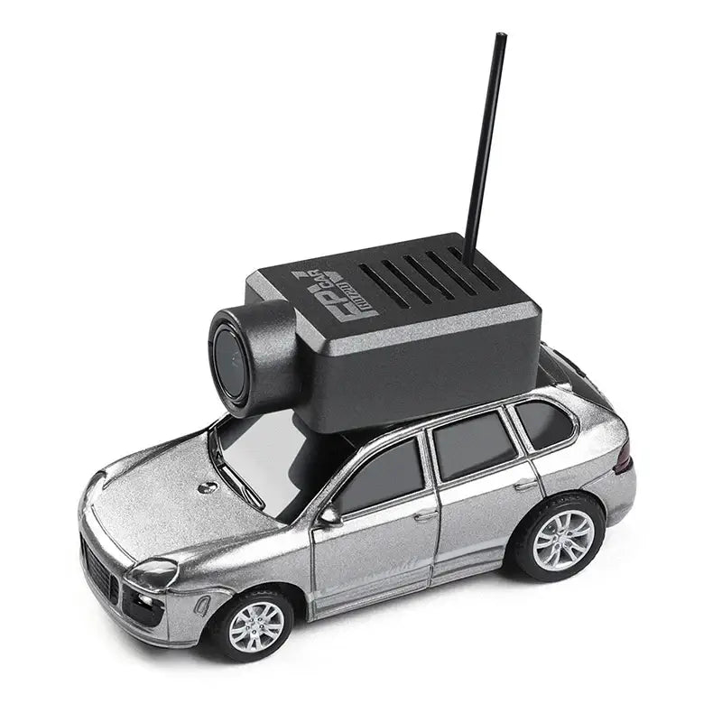 FPV RC Car HD Camera with Gyro Stabilization mounted on a sleek silver RC car model.