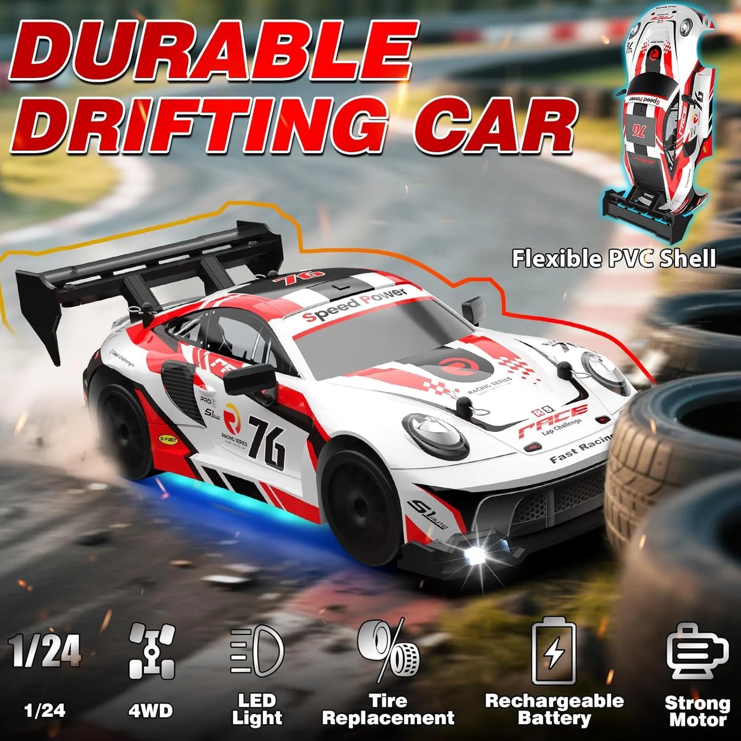 RC drift cars for kids 1:24 scale model with 4WD, LED lights, and strong motor for an exciting drifting experience.