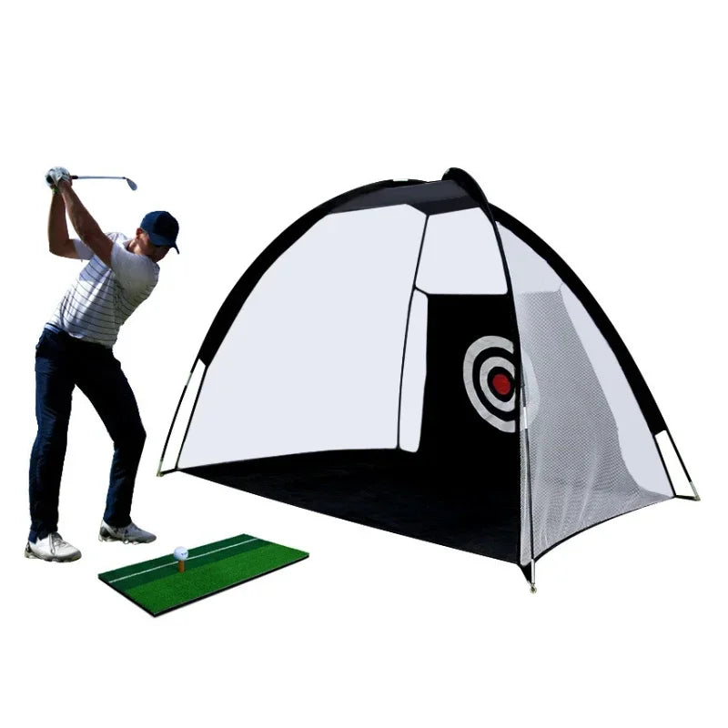 Indoor golf practice net with a golfer demonstrating use, featuring a target and hitting mat.