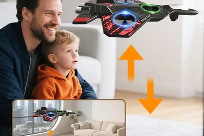 A father and son enjoying the L101 2.4Ghz Kids RC Plane with LED lights, featuring one-key takeoff and landing.