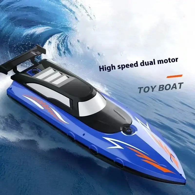 High-speed dual motor RC Battery Boat racing on water waves, showcasing its sleek design and toy boat features.