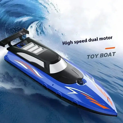 High-speed dual motor RC Battery Boat racing on water waves, showcasing its sleek design and toy boat features.