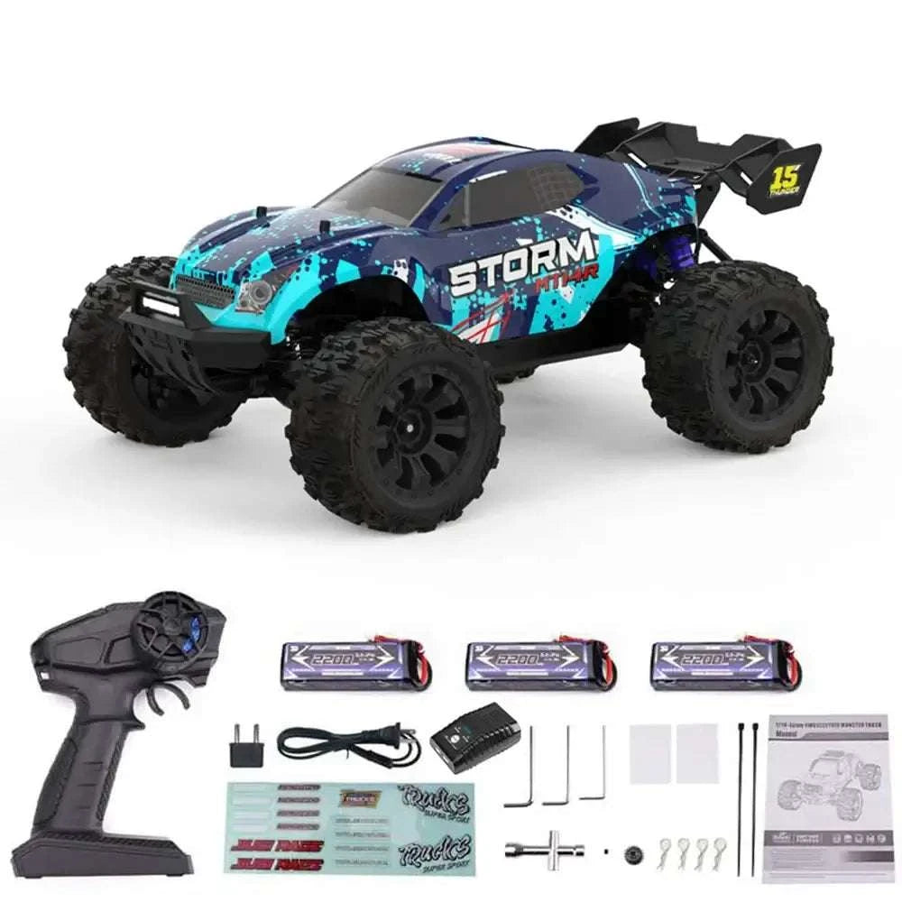 Lithium Battery RC Truck with remote control, batteries, charger, and accessories for thrilling off-road performance.