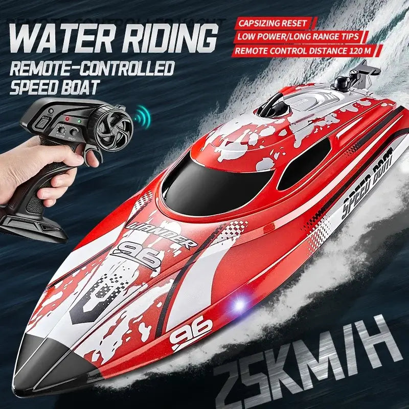 HJ820 RC Battery Boat 2.4Ghz 25km/h High-Speed Remote ControlExperience precision control on the water with the HJ820 RC Battery Boat, engineered for high-speed performance. This 2.4GHz remote control boat delivers impressive 25km/h speeds, making it idea