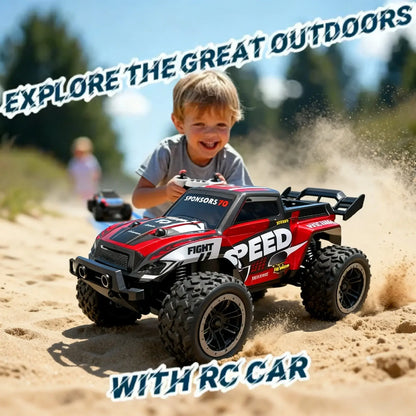 Four wheel drive remote control truck in action on sandy terrain, perfect for outdoor fun and adventure.