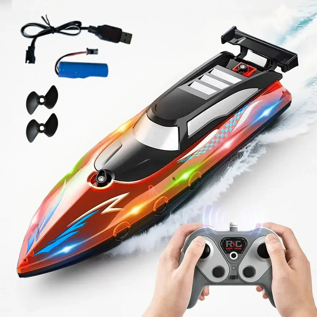 High speed remote control boat with LED lights and controller, perfect for thrilling water adventures.