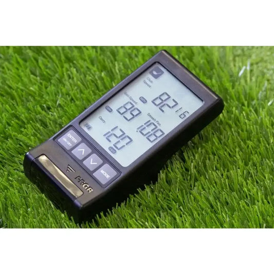 HS 130-A Portable Golf Monitor displaying speed metrics on a digital screen.
