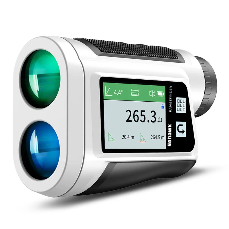 golf laser rangefinder with slope compensation USB rechargeable displaying distance measurement and angle resolution.