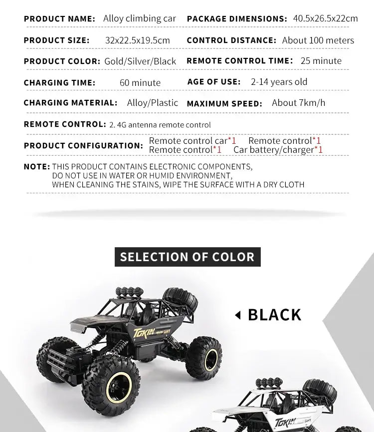 RC Car Remote Control Climbing Vehicle specifications and features including color and dimensions.
