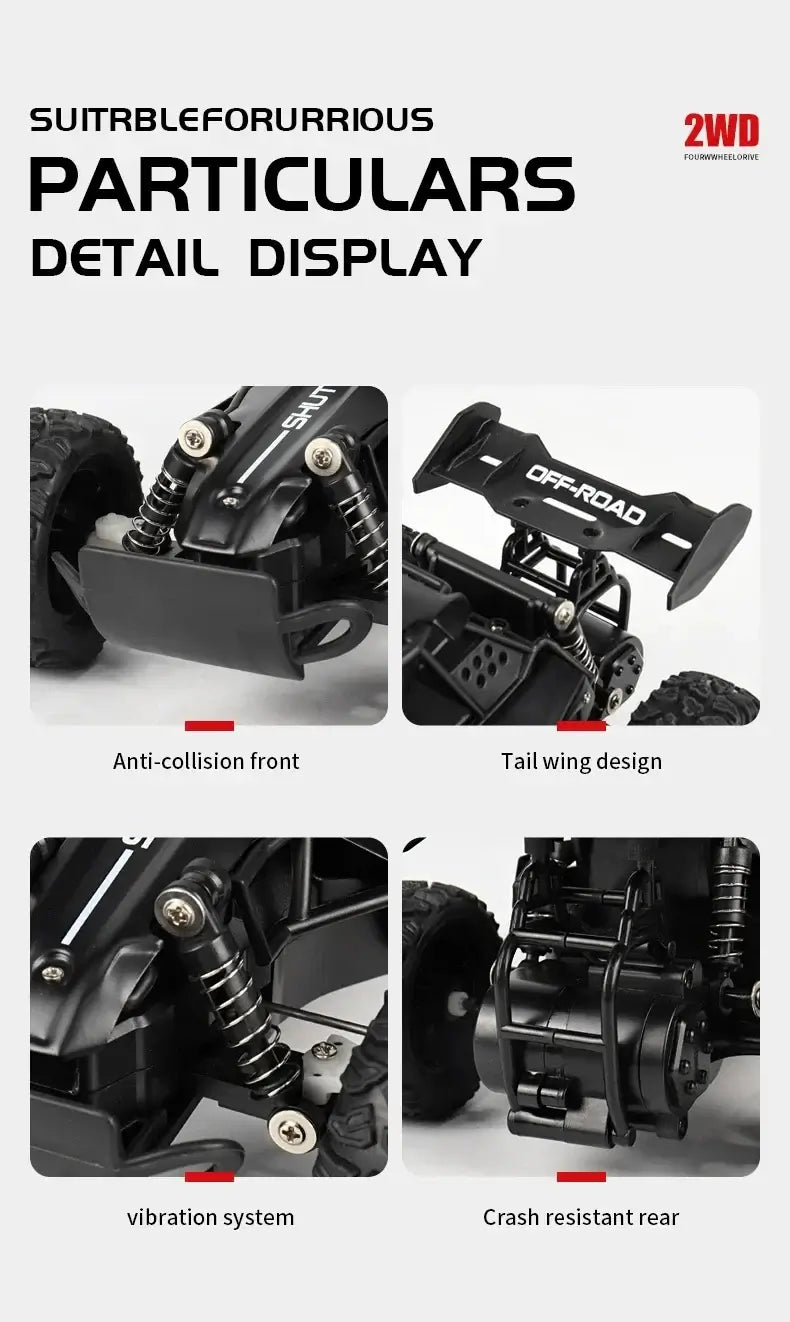 Detail display of the 116 RC Car Remote Control Car showcasing anti-collision front, tail wing design, vibration system, and crash resistant rear.