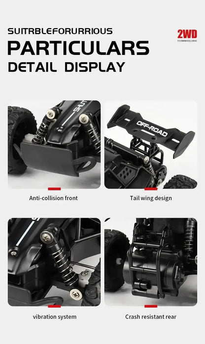 Detail display of the 116 RC Car Remote Control Car showcasing anti-collision front, tail wing design, vibration system, and crash resistant rear.