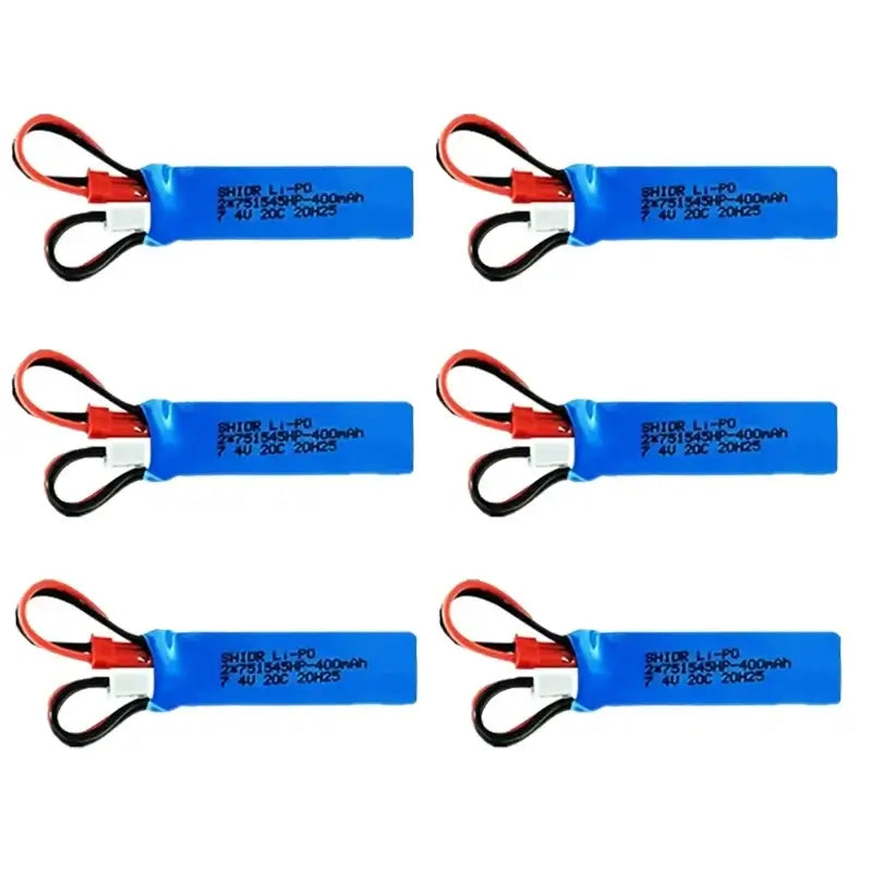 RC Car Battery 7.4V 400mAh pack with JST plug for remote control vehicles.