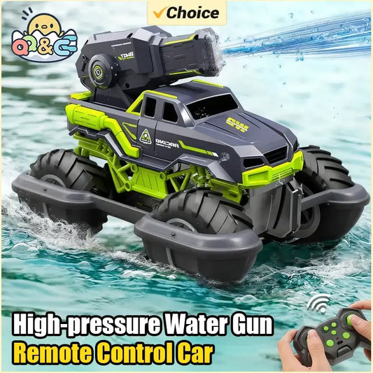 High-pressure Water Gun Remote Control Car Amphibious in action on water with remote control.