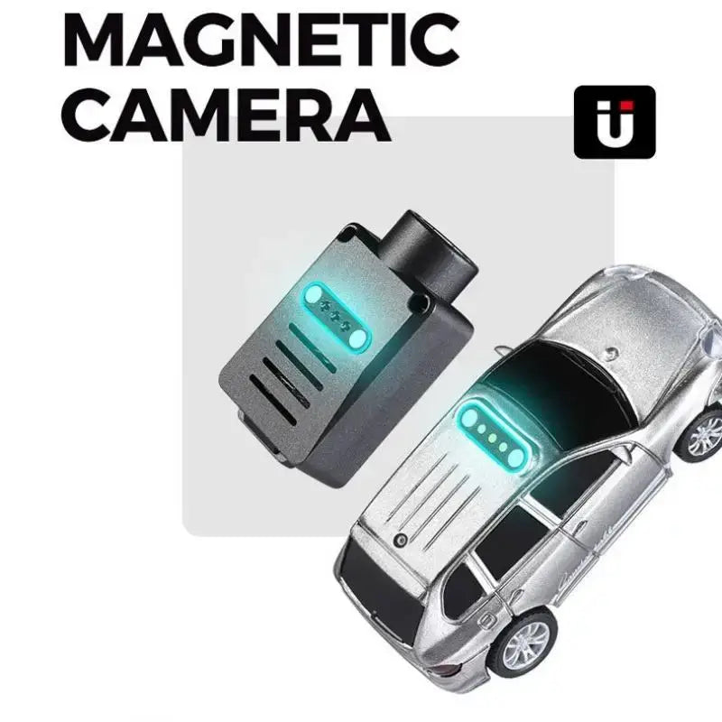 FPV RC Car HD Camera and magnetic camera attachment in a sleek design with highlighted features.