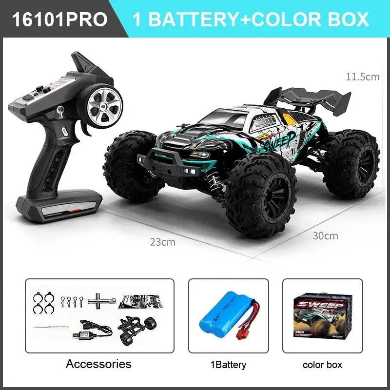 High Speed RC Car 4WD with remote control, battery, and accessories in color box.