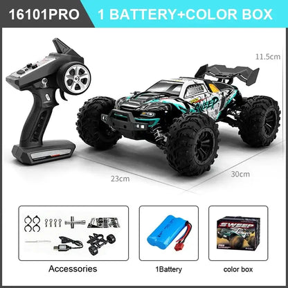 High Speed RC Car 4WD with remote control, battery, and accessories in color box.