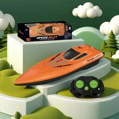 Dual propeller remote control speedboat in vibrant orange with remote control and packaging displayed on a colorful background.