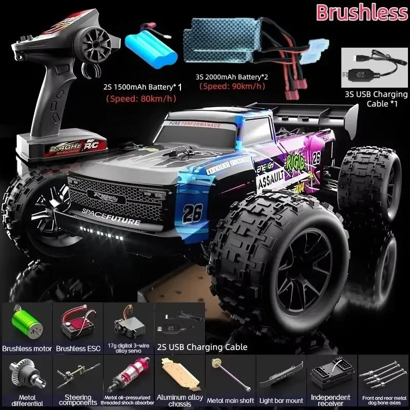 RC Car 90KMH High Speed Brushless Four-Wheel Drive with remote control and accessories in a detailed product image.