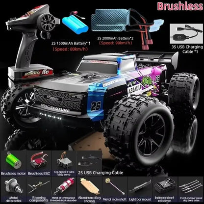 RC Car 90KMH High Speed Brushless Four-Wheel Drive with remote control and accessories in a detailed product image.