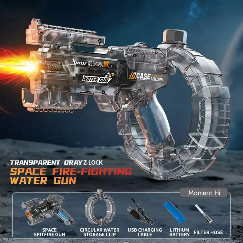 Electric Water Gun with LED Lights featuring a transparent design and powerful shooting mechanism.