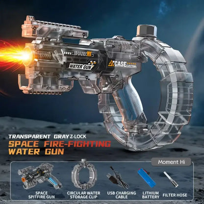 Electric Water Gun with LED Lights featuring a transparent design and powerful shooting mechanism.