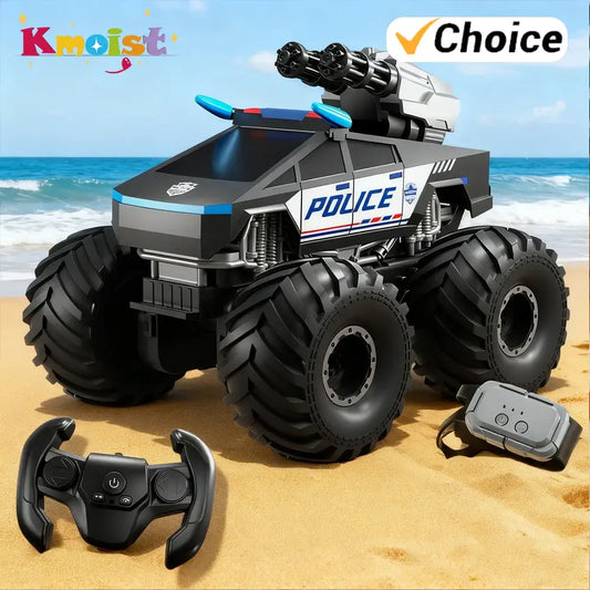 RC Car Amphibious Climbing Off-Road vehicle displayed on the beach with a remote control and police design.