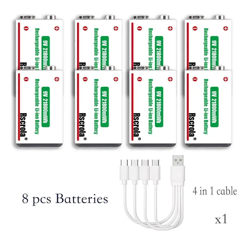 Rscrola 21800mWh 9V Lithium Rechargeable Battery with Type-C cable for various devices